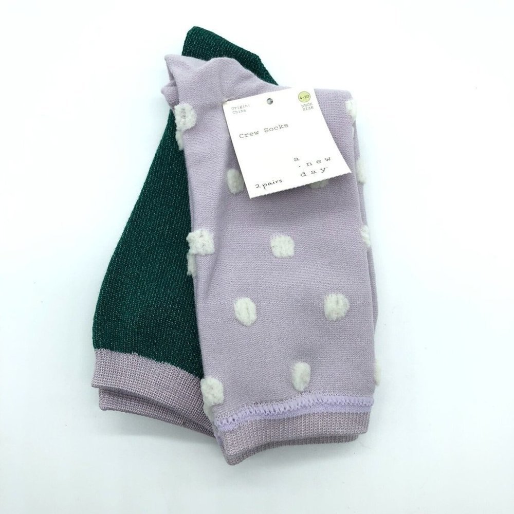 A New Day Womens Crew Socks 2 Pairs Polka Dot Purple Green Metallic